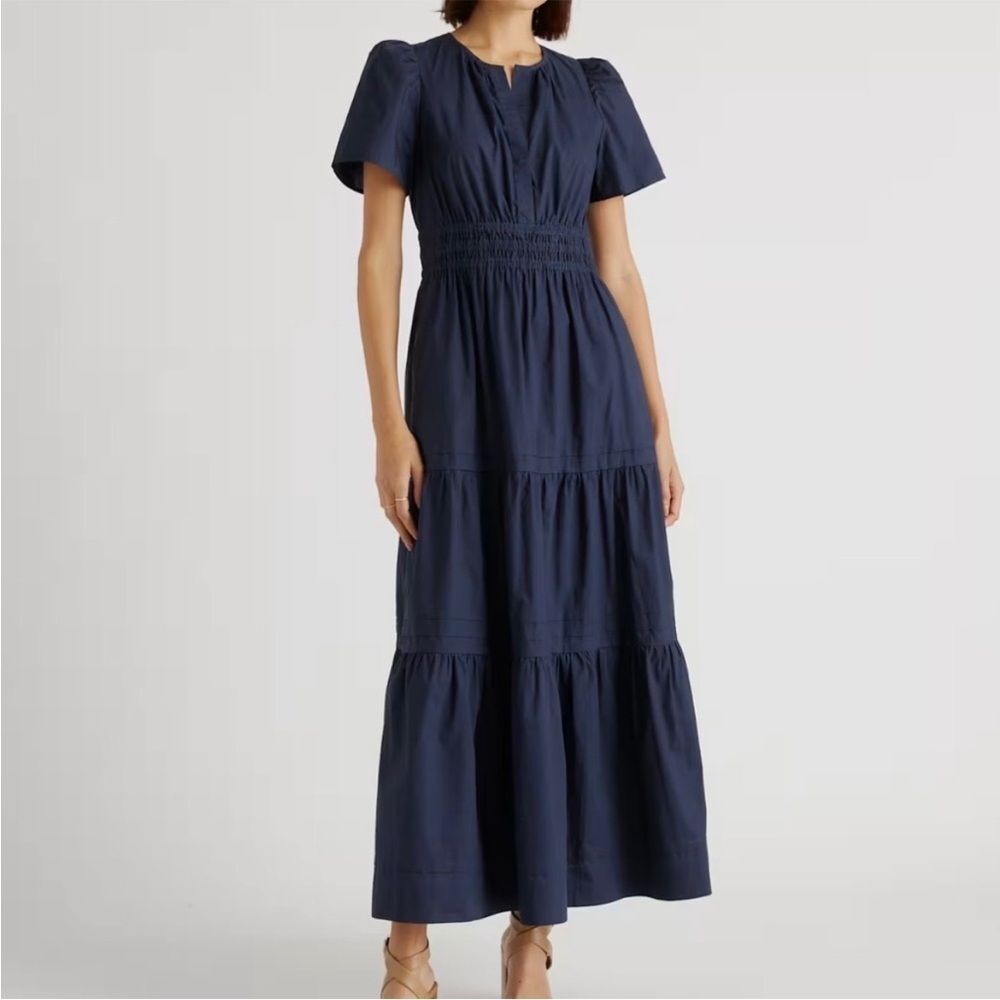 Quince Navy 100% Organic Cotton Poplin Tiered Maxi Dress- Small